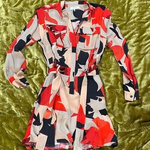 Reiss Theo Linear Floral Red and Black Abstract Long Sleeve Dress